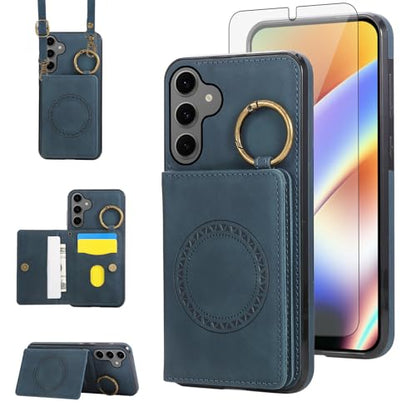 Compatible with Samsung Galaxy Samsung Galaxy S26 5G Wallet Case Screen Protector Crossbody Shoulder Strap Ring Buckle Stand Card Holder Magnetic Car Mount Phone Cover for S 26 26S Women Men Green (Green / for S26)