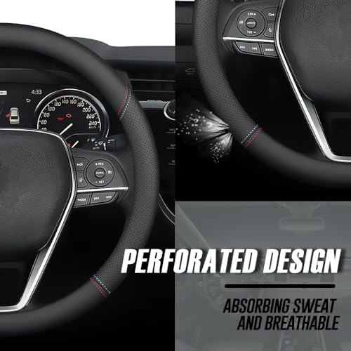 Nappa Premium Leather car Steering Wheel Cover (Black (red blue line))
