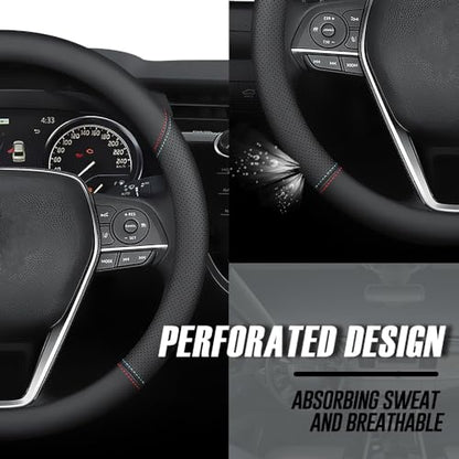 Nappa Premium Leather car Steering Wheel Cover (Black (red blue line))