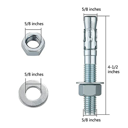 5/8x4-1/2 10Pcs Inch Standard Fasteners for Heavy-Duty Zinc Wedge Anchors for Cement and Concrete (5/8x4-1/2")