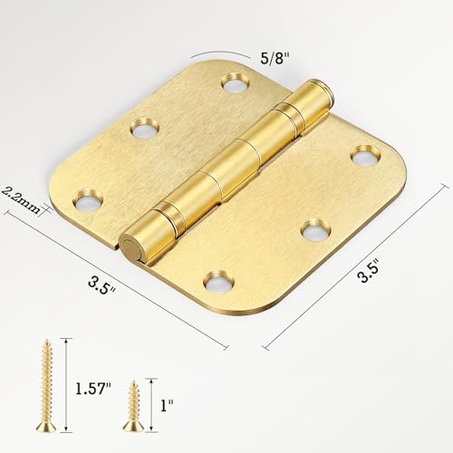 Rounded Door Hinges Brushed Brass 3.5 Inch 5 (Satin Brass-Rounded / 6 Pack-Ball Bearing-lasting no squeak)