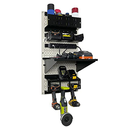 Power Tool Storage Organizer Kit Cordless Drill Holder Charging Station Rack 16” x 32” Metal Pegboard Organization System (Beige Pegboard)