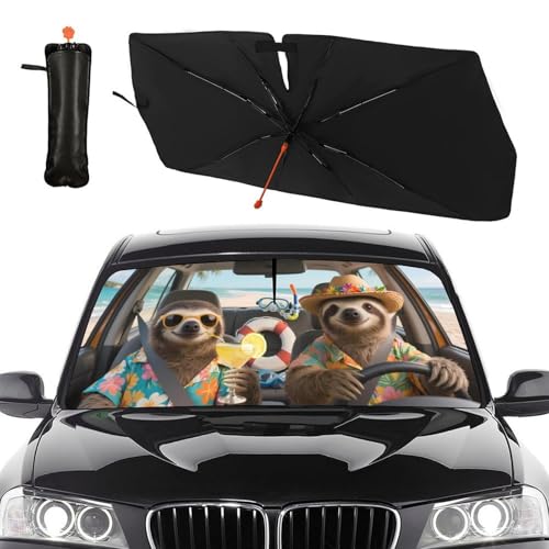 Funny Sloth Car Windshield Sun Shade Umbrella Bendable Handle Foldable Animal Print Sloth Sunshade for Car Windshield Block UV Rays Keep Vehicle Cool for Most Sedans SUV Trucks Cars 57"x30" (147*75cm,33*11cm / Sloth)