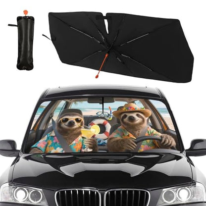 Funny Sloth Car Windshield Sun Shade Umbrella Bendable Handle Foldable Animal Print Sloth Sunshade for Car Windshield Block UV Rays Keep Vehicle Cool for Most Sedans SUV Trucks Cars 57"x30" (147*75cm,33*11cm / Sloth)
