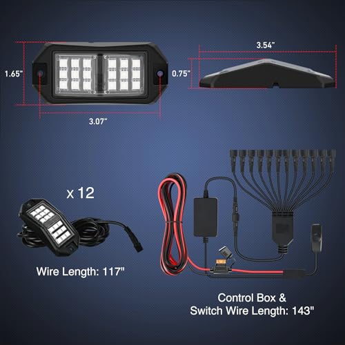 RGB LED Rock Lights Kit 12 PCS 18LED Wide Angle Wheel Well Light (12 Pods / RGB 18LED)