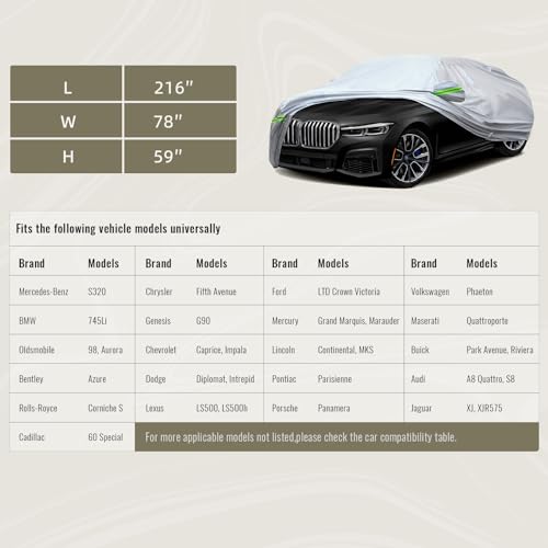 6 Layers Premium Full Car Cover Hard Shell Zipper Design Waterproof All Weather Weatherproof UV Sun Protection Snow Dust Storm Resistant Outdoor with Straps (Green reflective strip / Sedan-2XL ( Fit for Sedan 205"- 216" ))