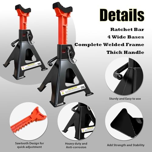 Jack Stands 3 Ton (3 Ton Double Pin Locking with Rubber Pads / Black+Orange)