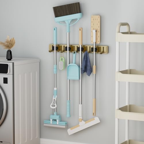 Broom Holder Wall Mount Mop Hanger Tools organizer 4Racks 5Hooks (Bronze)