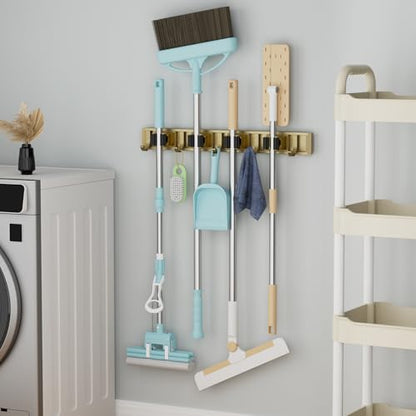 Broom Holder Wall Mount Mop Hanger Tools organizer 4Racks 5Hooks (Bronze)