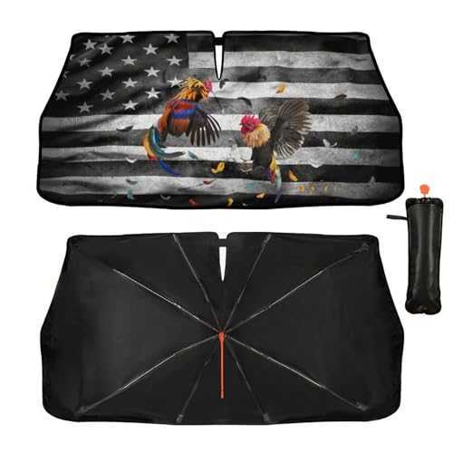 Rooster Windshield Sun Shade Car Sun Shade Amiercan Flag Windshield Umbrella Foldable Front Car Umbrella Funny Chicken Sun Shade Cover Sun Visor Protector Sunshade Car Accessories 57"x30" (NewStyle-Rooster / Expanded: 147 × 75 cm, Folded: 33 × 11 cm)