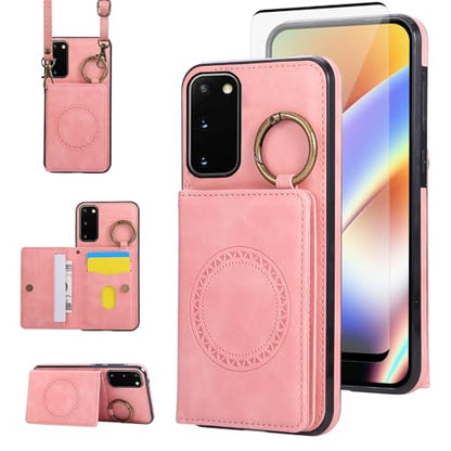 Compatible with Samsung Galaxy S20 5G 6.2 inch Wallet Case and Screen Protector Crossbody Shoulder Strap Ring Buckle Stand Card Holder Magnetic Car Mount Cell Phone Cover for S 20 Women Men Pink (Rose Gold / for S20)