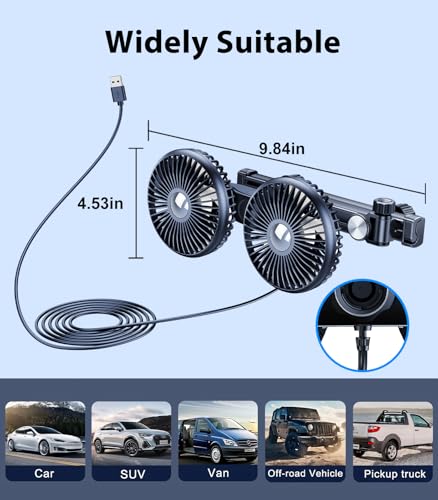 Long Arm Dual Head Car Cooling Fans for Back Seat for Kids (USB Powered-Long Arm)