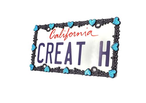 3D Shining Daisy Heart License Plate Frame from Pure Zinc Alloy Metal Perfect Plate Holder (Matt Black with Blue Glitter, Luminously Heart)