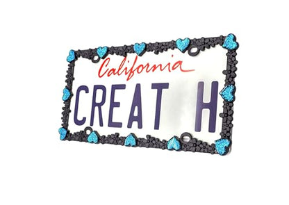 3D Shining Daisy Heart License Plate Frame from Pure Zinc Alloy Metal Perfect Plate Holder (Matt Black with Blue Glitter, Luminously Heart)