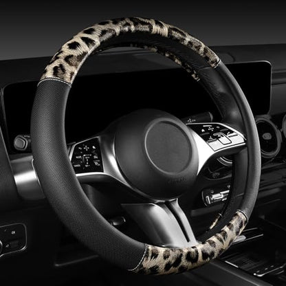 Leopard Print Faux Leather Car Seat Covers & Leopard Car Mats&Leopard Steering Wheel Cover Seat Belt Universal Car Accessories for SUV (Leopard Gold combo)