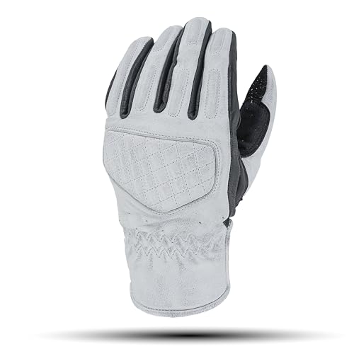 Leather Motorcycle Gloves for Men with Soft Polyester Lining Bike Riding Gloves with Grip Patches on Palm and Accordion Panels on Fingers and Cuff (X-Small / Diamond White/Black)