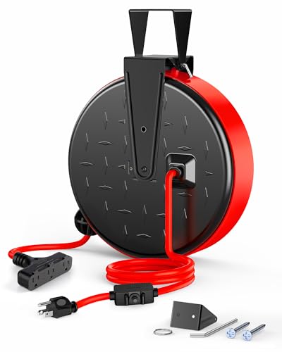 Retractable Extension Cord Reel (Black/Red-red Cord)