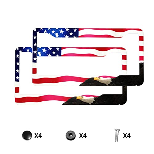 American Flag License Plate Frame American Flag License Plate Holder America Eagle License Plate Frame Covers US Car Tag Frame Stainless Aluminum 2 Pack 2 Holes Decorative 2 Pcs Set for Men (Eagle Flag License Plate Frames / 12.3 x 6.3)