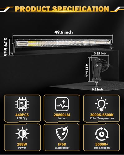50 Inch Curved LED Light Bar 288W 6 Modes Amber White Driving Light (Amber White 50" Curved)