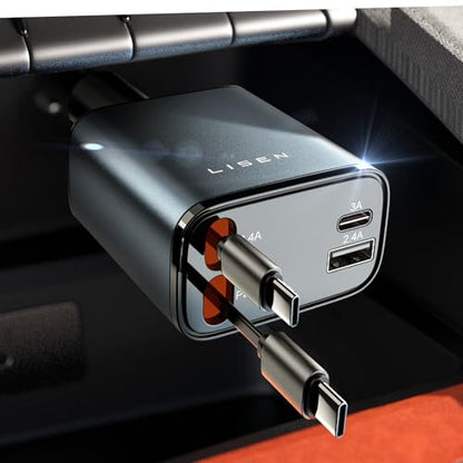 Retractable Car Charger (Grey-Dual C / 31.5 Inch)