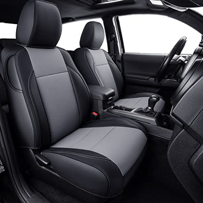 Tacoma Custom Fit Seat Covers for 2024 2025 Tacoma Crew Cab with Faux Leather ((2024-2026 Crew) Full Set / Black & Gray)