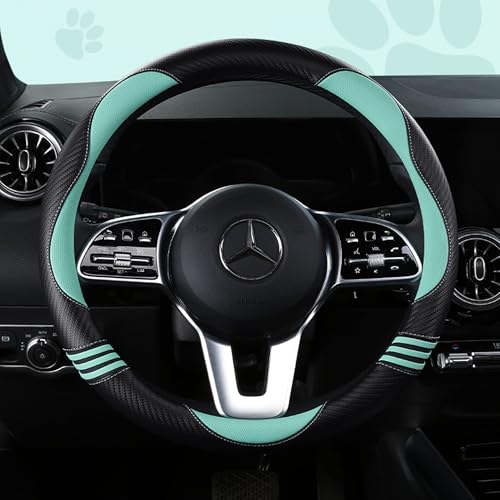 Car Steering Wheel Covers for Women Padded Carbon Fiber PU Leather Cute Auto Interior Accessories for Vehicle (Green+Black / Standard Size[14.75-15.15"](37.5-38.5cm))