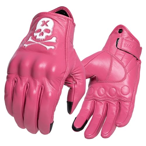 Goatskin Leather Motorcycle Motorbike Powersports Racing Gloves Reflective Skull Touchscreen for Men and Women Model (HEE5 / Medium)