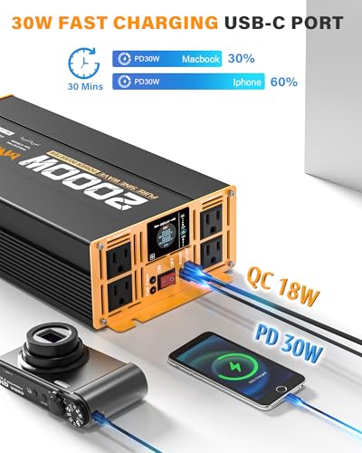 2000W Pure Sine Wave Inverter 12V DC to 110V 120V AC Car Converter for RV Truck Off (2000w-12v)