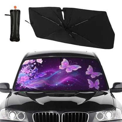 Butterfly Flowers Car Windshield Sun Shade Umbrella Bendable Handle Foldable Funny Sunshade for Car Windshield Block UV Rays Keep Vehicle Cool for Most Sedans SUV Trucks Cars 57"x30" (147*75cm,33*11cm / Butterfly 3)