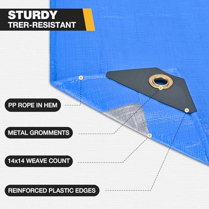 Heavy Duty Tarp 14 Mil Tarp Waterproof Blue 16x20 FT (Blue/Silver-14mil / 16'x20')