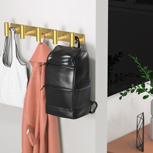 Wall Mounted Coat Rack ("T" Shape 5 Hooks - 1 Pack / Gold)