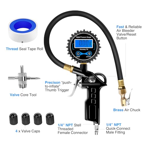 Digital Tire Inflator Portable Pressure Gauge 250 PSI Air Chuck (Tire Inflator Gauge Style 1)