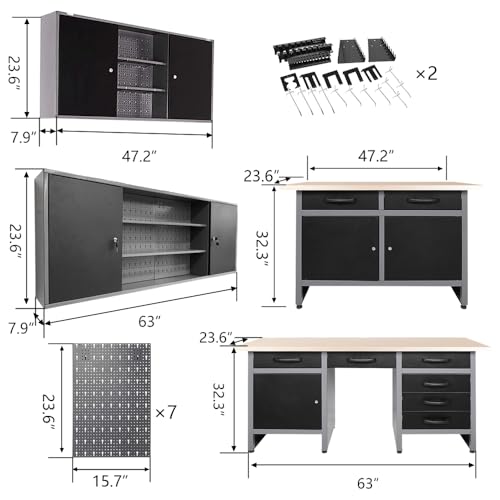 Metal Storage Organization System Workbench Set with Hanging Cabinets & Pegboards (04)