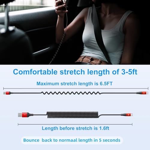 Coiled USB A to USB C Cable for Car 6FT 2Pack USB C Charger Cable Fast (6FT / Red)