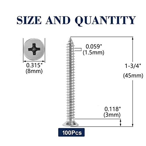 8 x 1-3/4" Wood Screw 100Pcs 18-8 (304) Stainless Steel Screws Flat Head Phillips Fast Self Tapping Drywall Screws by SG TZH (#8 x 1-3/4")