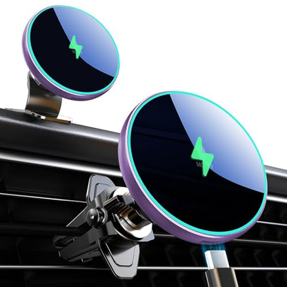 for Magsafe Car Mount Charger 15W LED RGB Car Phone Holder for Dash Vent (Purple)