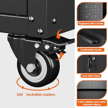 Garage Storage Cabinet with Wheels & Pegboard (Black / 13.8"D x 26"W x 34.3"H)