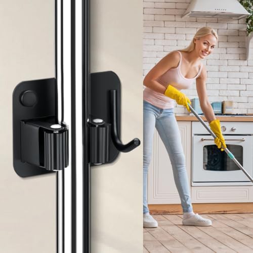 4 Pack Broom Holder with Heavy Duty Hooks (4PCS-Matte Black+Hook)