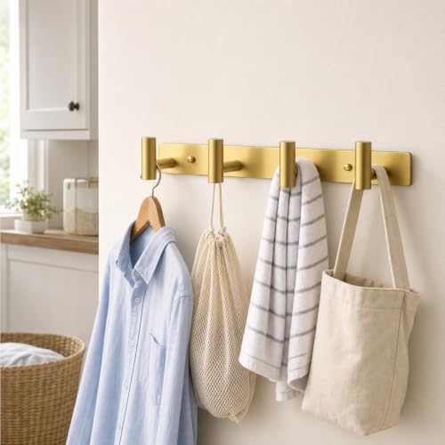Wall Mounted Coat Rack ("T" Shape 4 Hooks - 1 Pack / Gold)
