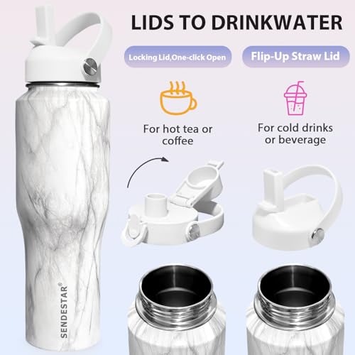 32oz Water Bottle Wide Mouth Stainless Steel Vacuum Insulated Double Wall with 2 Straw Lids Fit in Any Car Cup Holder (Marbling / 32 Ounces)