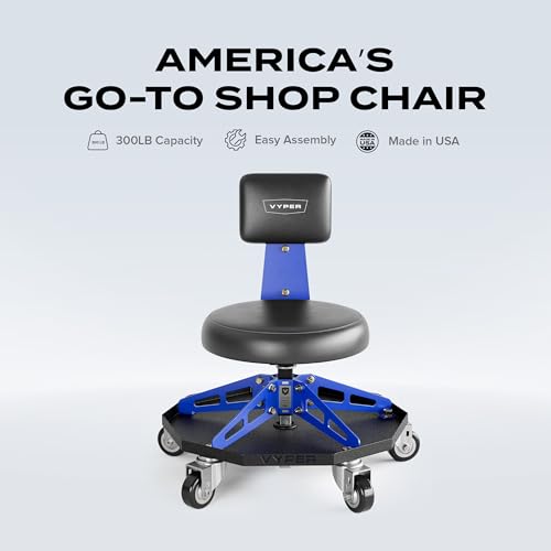 Vyper Robust Steel Sport Shop Chair for Mechanics (Black Seat, Blue Frame)