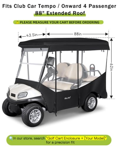 Golf Cart Enclosure 4 Passenger for Club Car Tempo Onward 88" Roof (Fit for Tempo Onward 4 Passenger Extended Roof / Black)