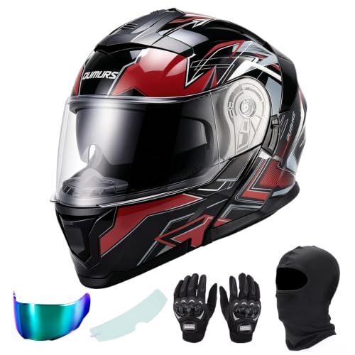 Modular Motorcycle Helmets Full Face Flip up Street Bike Motorcycle Helmet for Unisex Adult Red (Red / Medium)