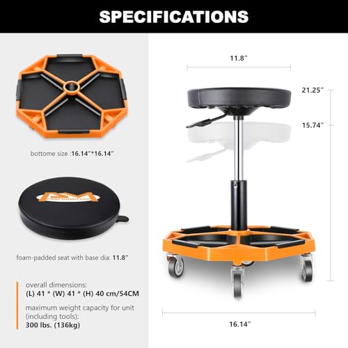 Adjustable Height Pneumatic Garage Seat Rolling Mechanic Stool with Tool Tray Storage (Orange)