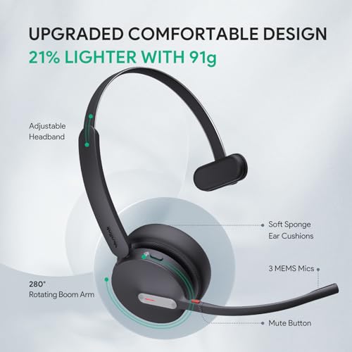 BH70 Mono Bluetooth Teams Headset with AI Mic for Work from Home PC (Black (Teams) / Mono (USB-C to A))