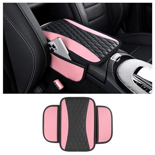 Leather Car Center Console Cover with Side Pockets (Pink)