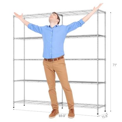 70" W Storage Shelves 1600LBS Heavy Duty Metal Shelving (Chrome / 69.8"W × 15.8"D × 71"H)