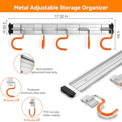 34.5'' Aluminum Alloy Garden Tool Organizer Wall Mount Garage Organizers and Storage with Hooks Tool Hangers for Shed Hooks for Shovel (34.5 in - Orange / 34.5 Inch)
