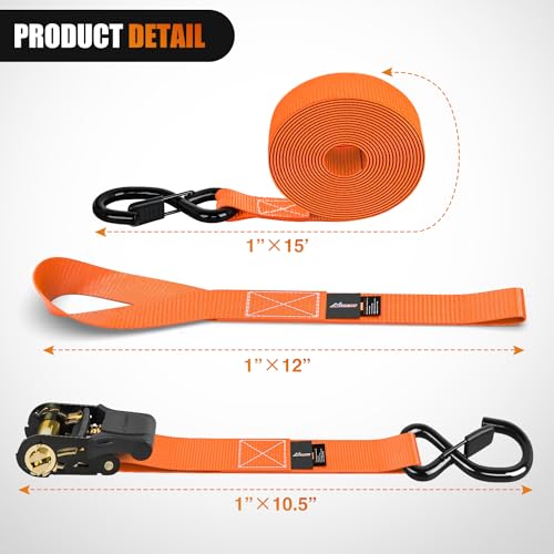 Ratchet Tie Down Straps 4500LBS Break Strength 1”×15’ Orange 4 Pack (1in x 15ft Ratchet Straps 4Pcs / Straps)
