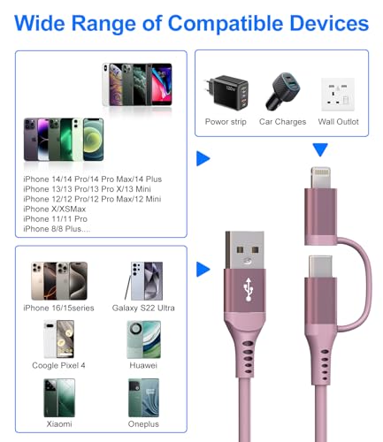 USB to USB C and Lightning Pink Car Charger Cable (Pink)